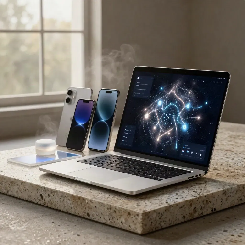 Open laptop, tablet, phone and sync puck on travertine with blue glow and mist