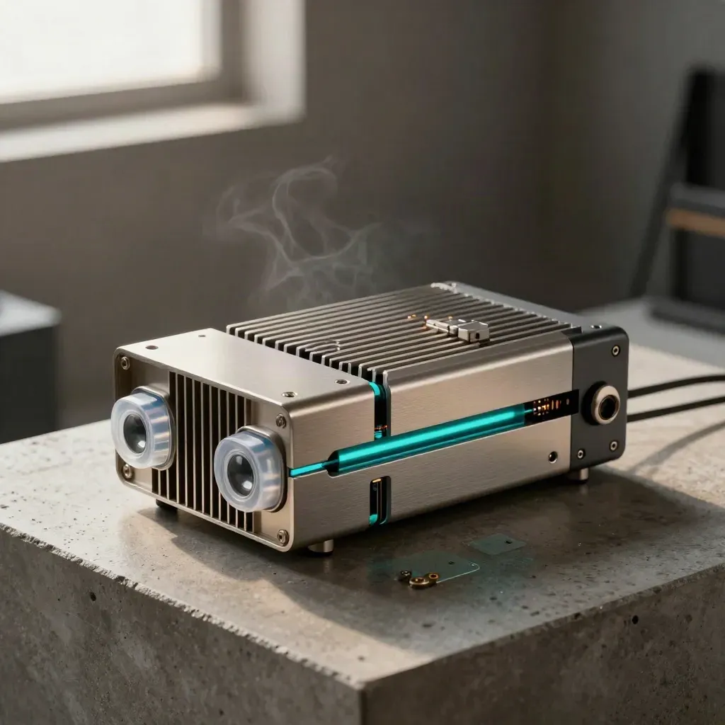 Compact translation engine core with teal vapor, data pods and stone plinth in a moody studio.