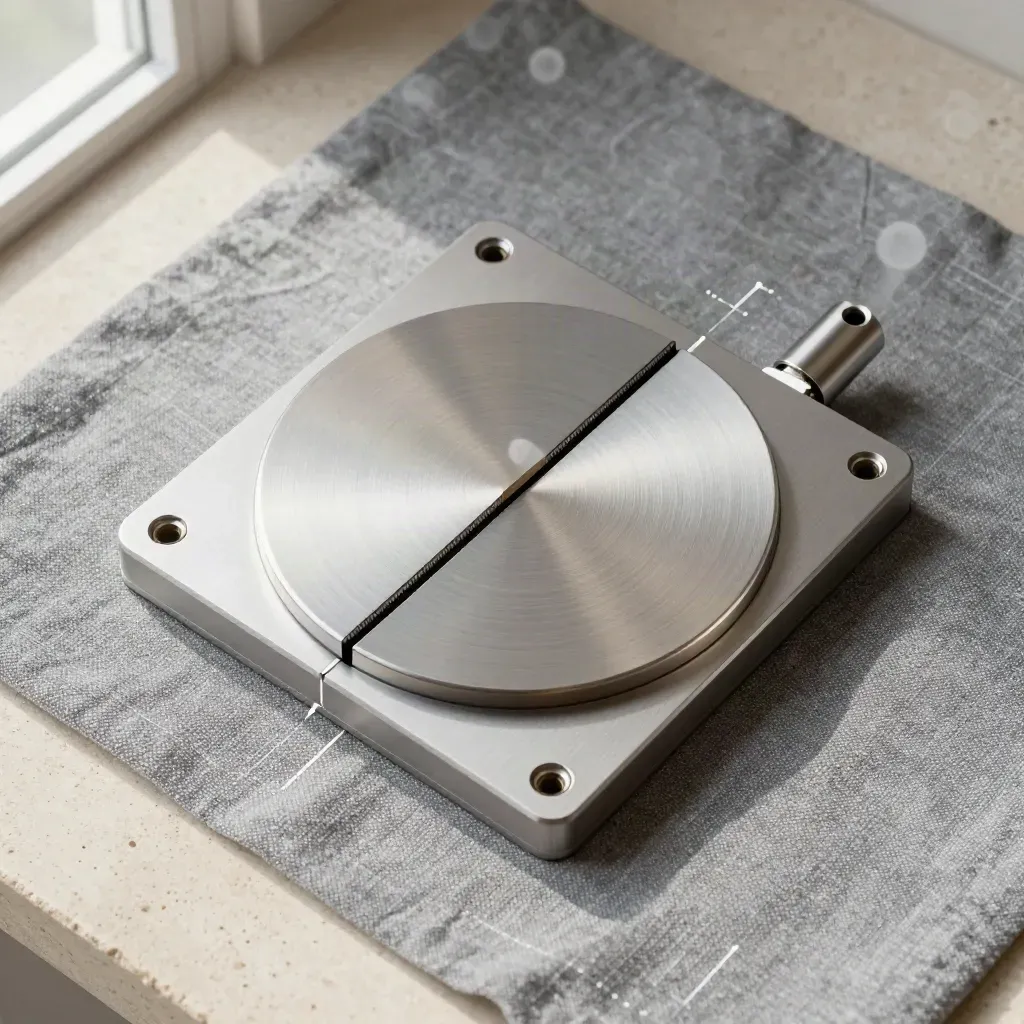 Brushed-metal translation memory core with phrase chips on ash-grey linen, seen from above.