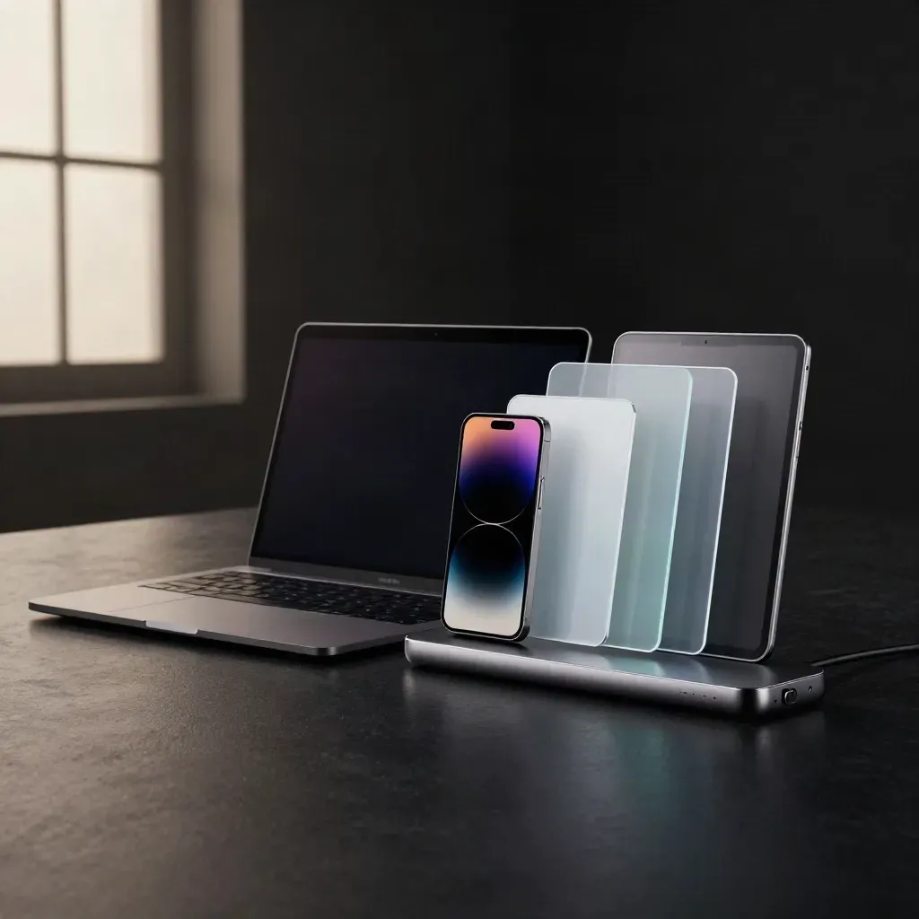 Laptop, phone, and tablet linked by a dock with translucent workflow tiles in a dark studio.