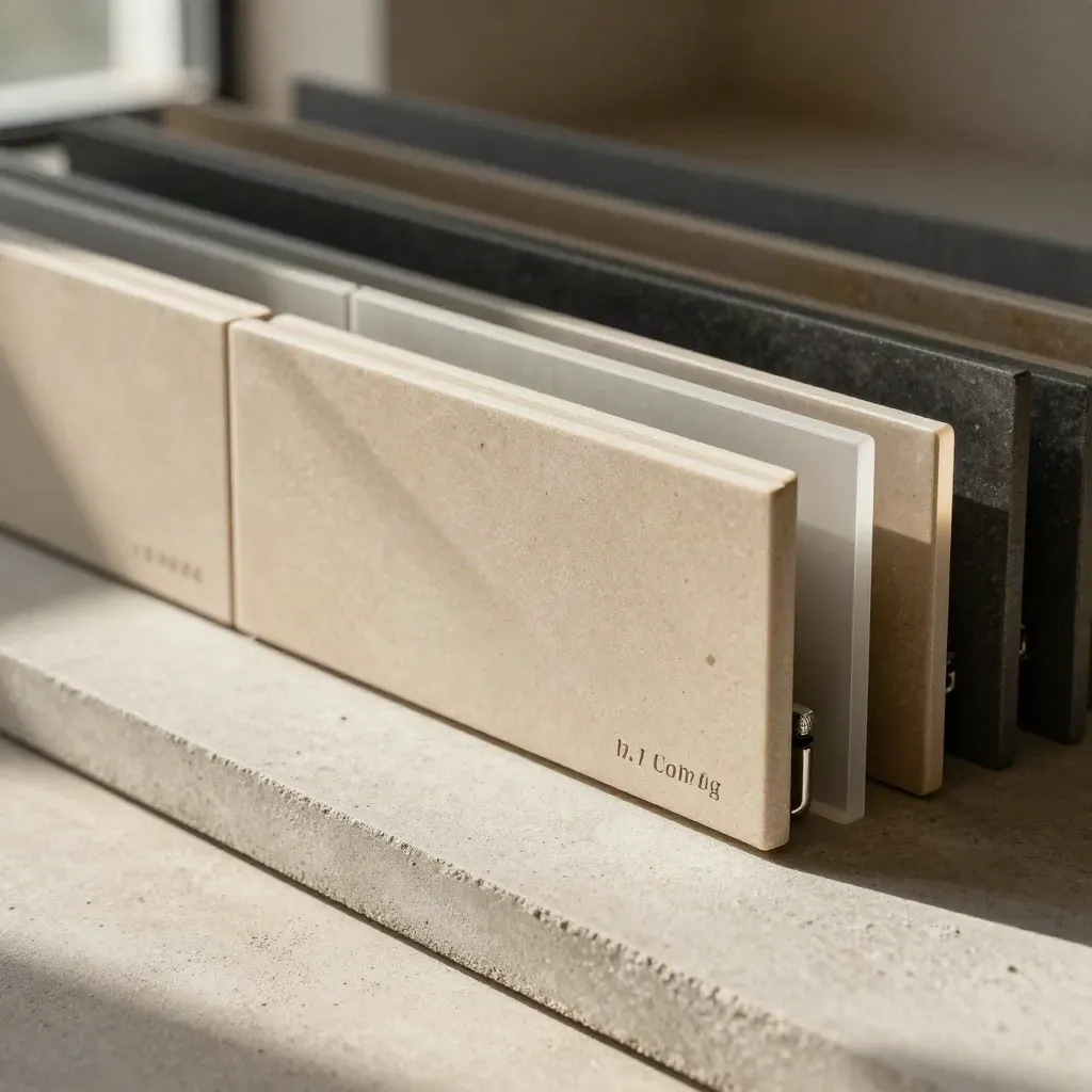 Glossary module with stacked dividers and ceramic tiles on dusty concrete.
