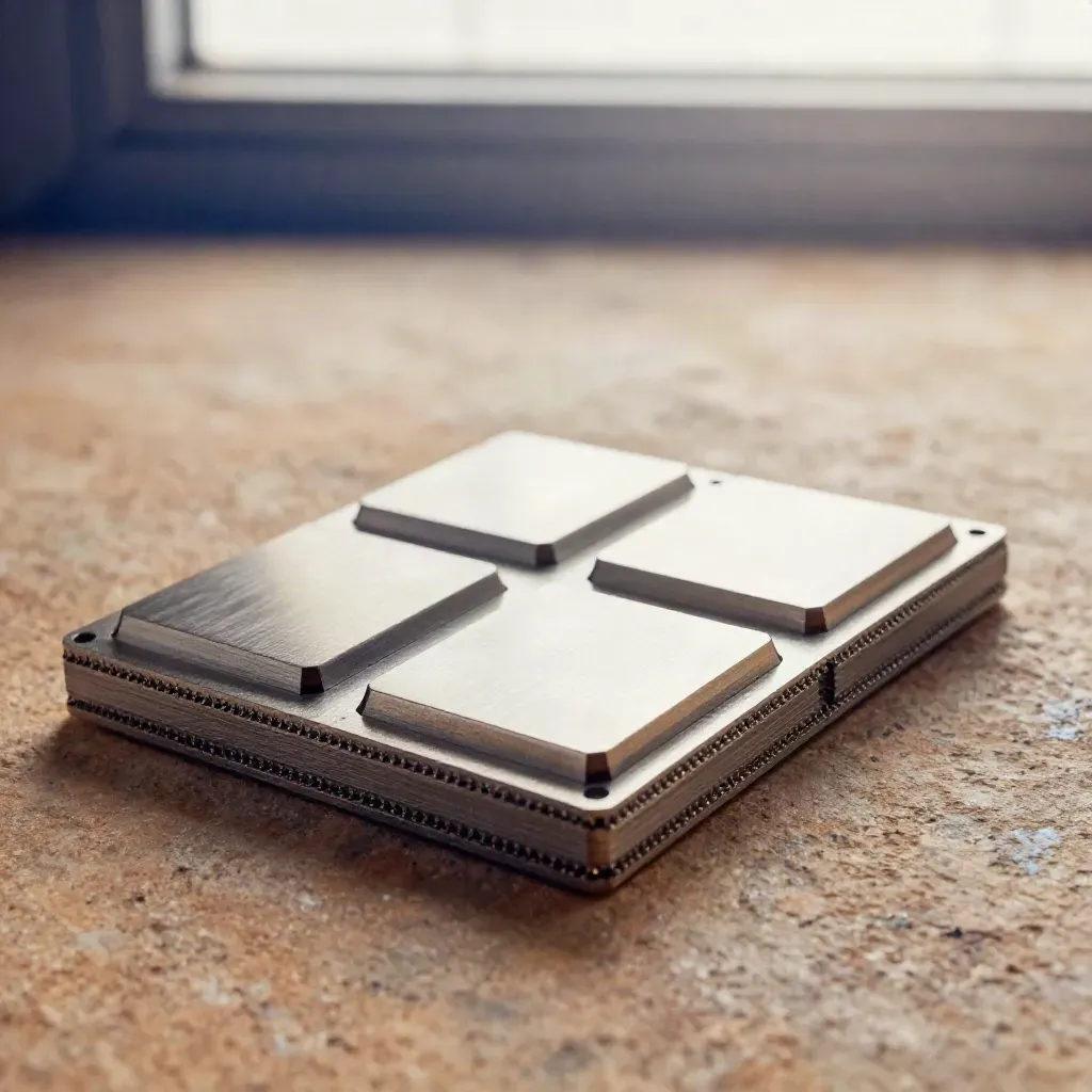 Top-down macro of a modular QA slab with calibration tiles and sweeping edge lights.