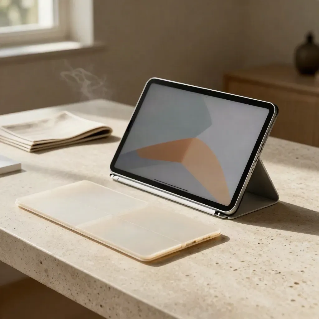 Tablet translation kit fanned open on travertine with soft light and blurred background