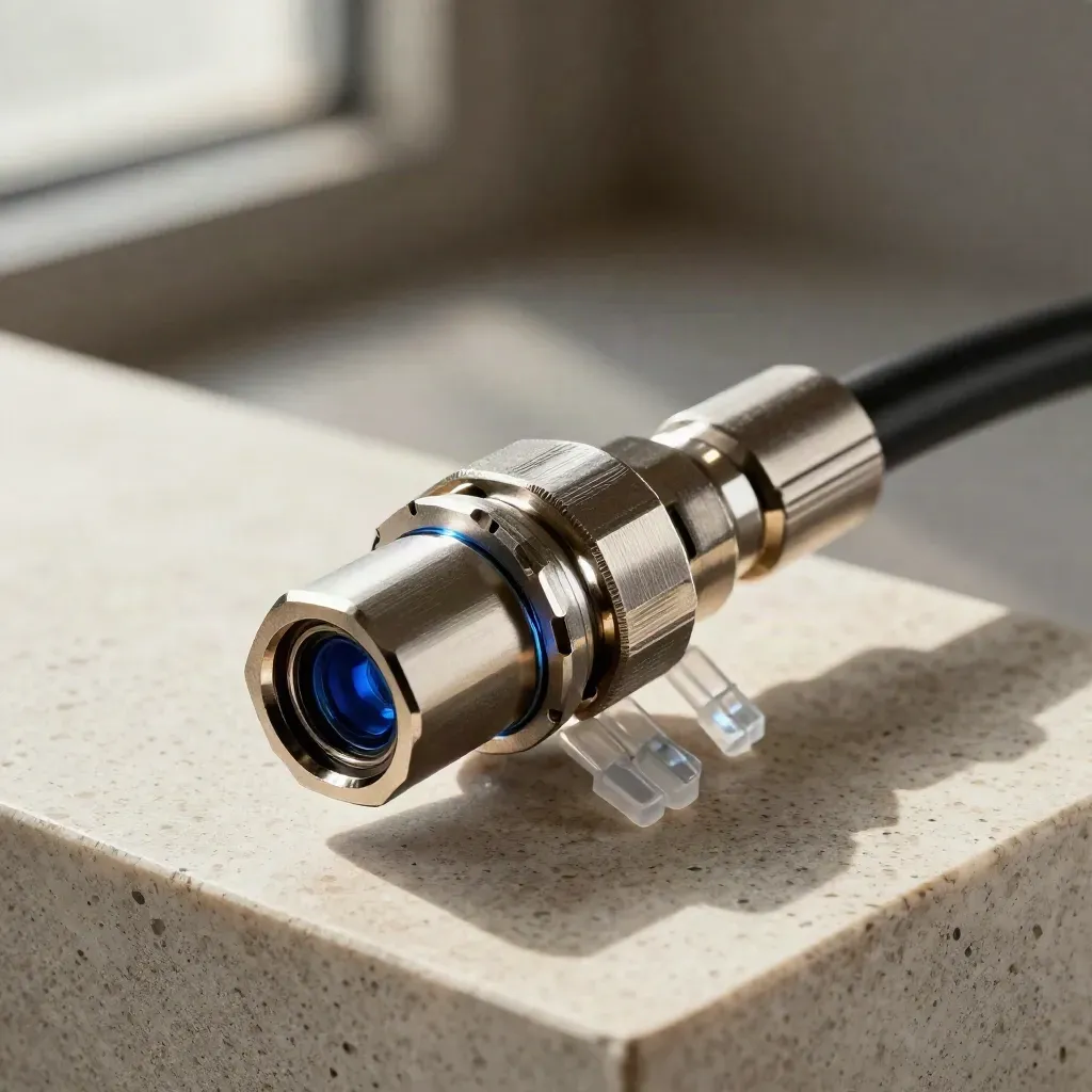 Brushed-metal connector hub with translucent route blocks and a cable loop on travertine.