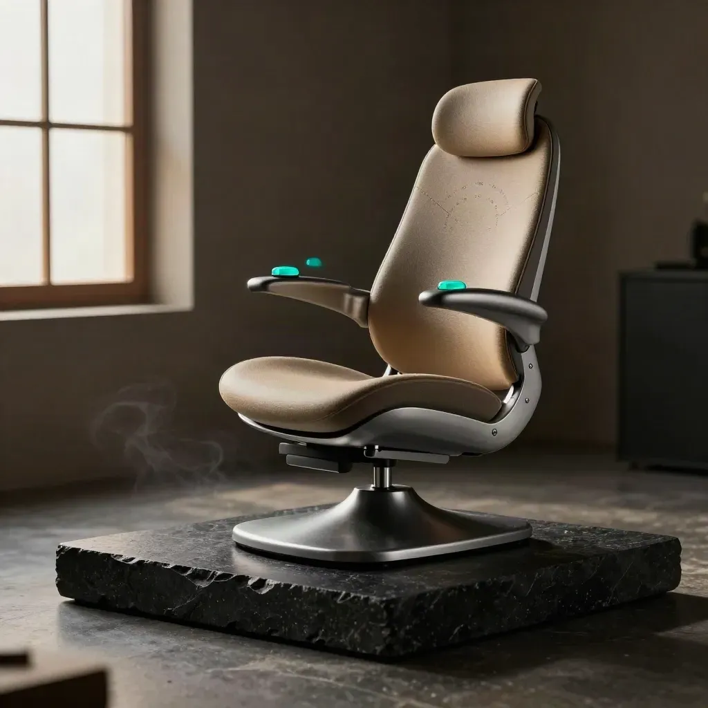 Ergonomic launch seat with timetable disc and teal status tokens on a dark studio plinth.
