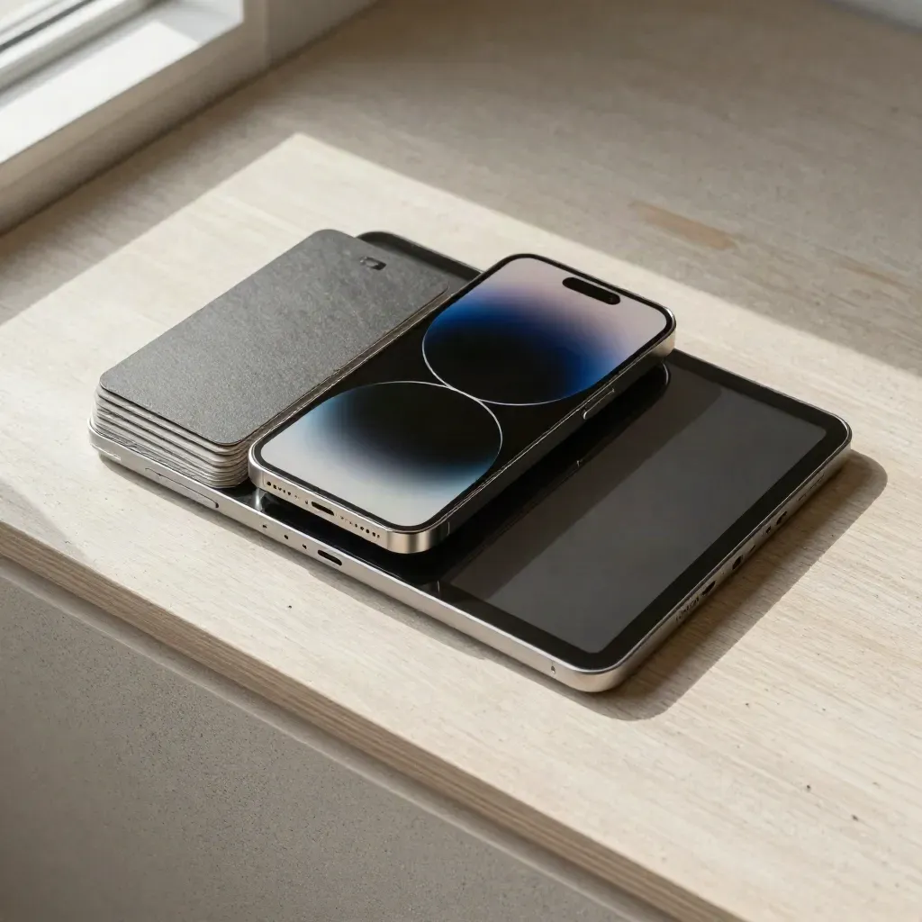 Top-down flat lay of a phone, tablet, string cards and charging puck on pale ash wood.