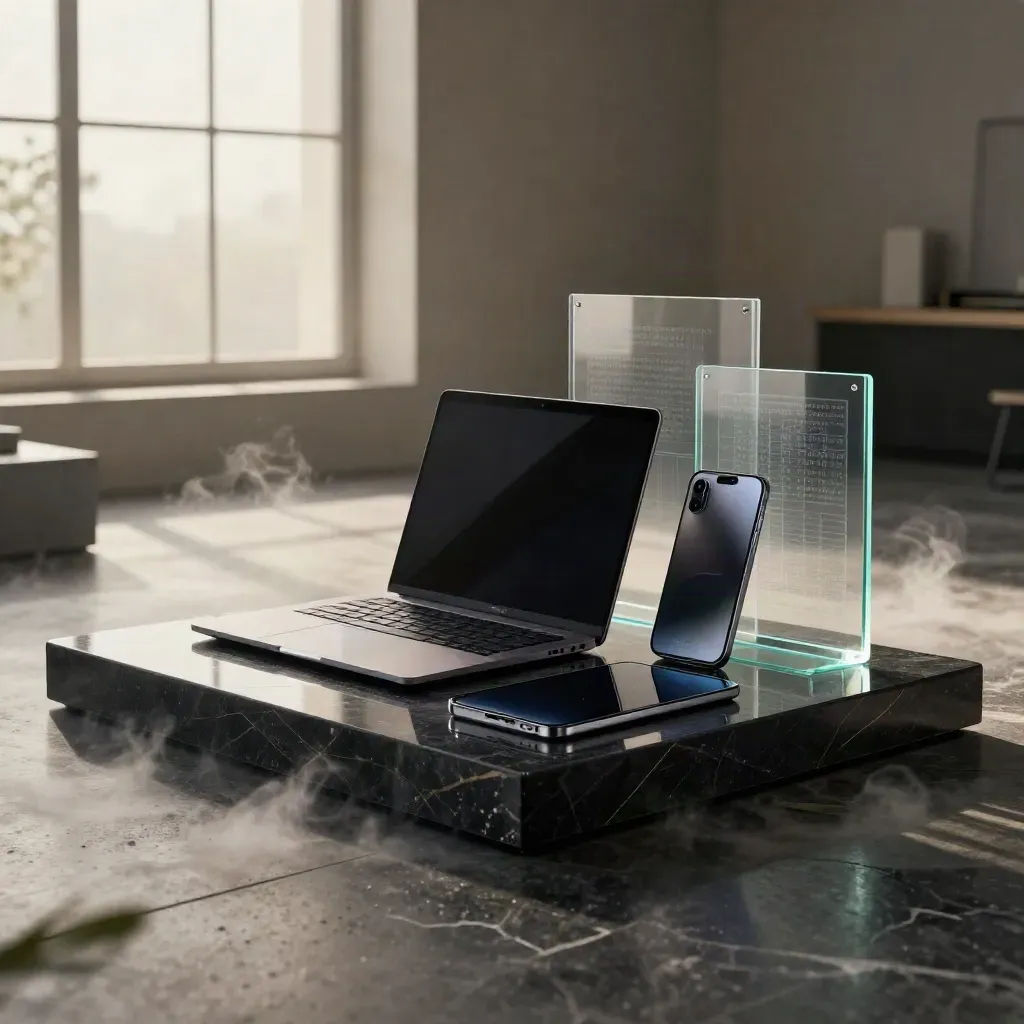 Laptop, tablet, and phone on black stone with teal glow and misty launch atmosphere.