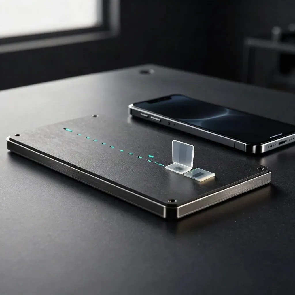 Dark validation slab, translucent test tiles, and a slim phone with teal status lights.