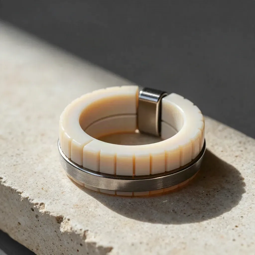 Overhead glossary chip ring with brushed clip on pale stone, dust drifting in soft light