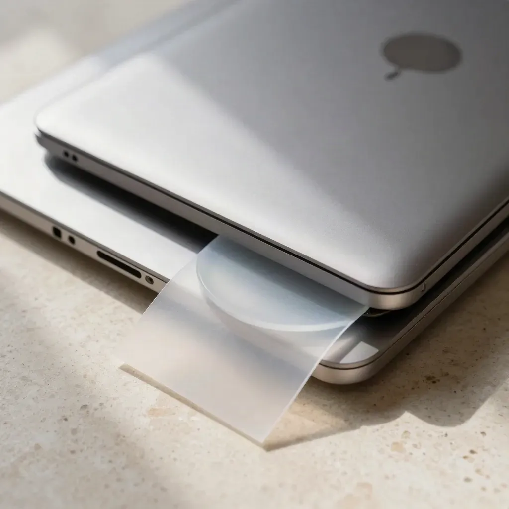 Macro of a paper-wrapped translation bundle with tablet, laptop, and frosted token plate on travertine.