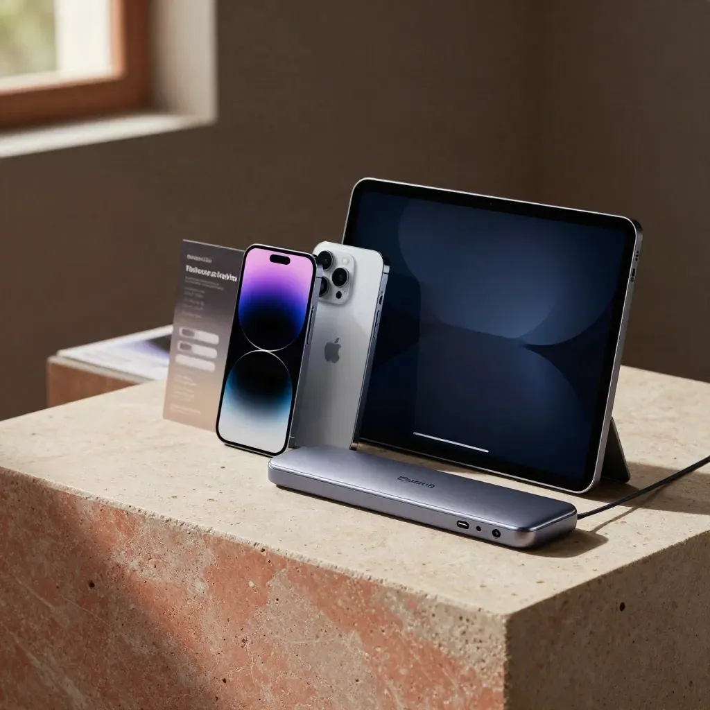 Phone, tablet and dock staged on brushed stone with soft blue light and blurred bokeh.