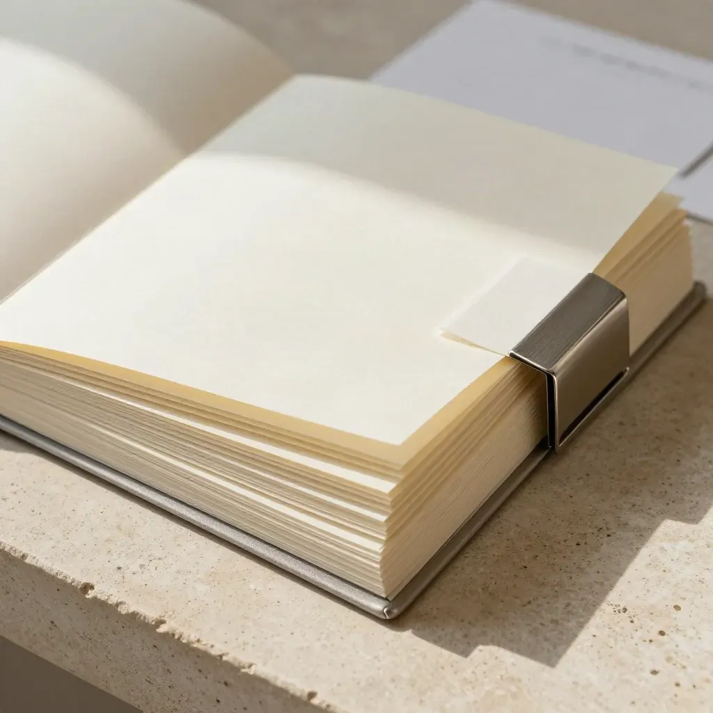 Pale paper sheets and a metal clip fanned across warm limestone in soft dust.