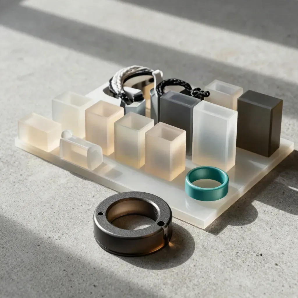 Overhead flat lay of translucent port blocks, cable loops and a counter puck on cool concrete.