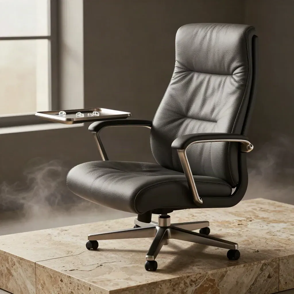 Graphite leather workstation seat with side dock and memory tokens on limestone