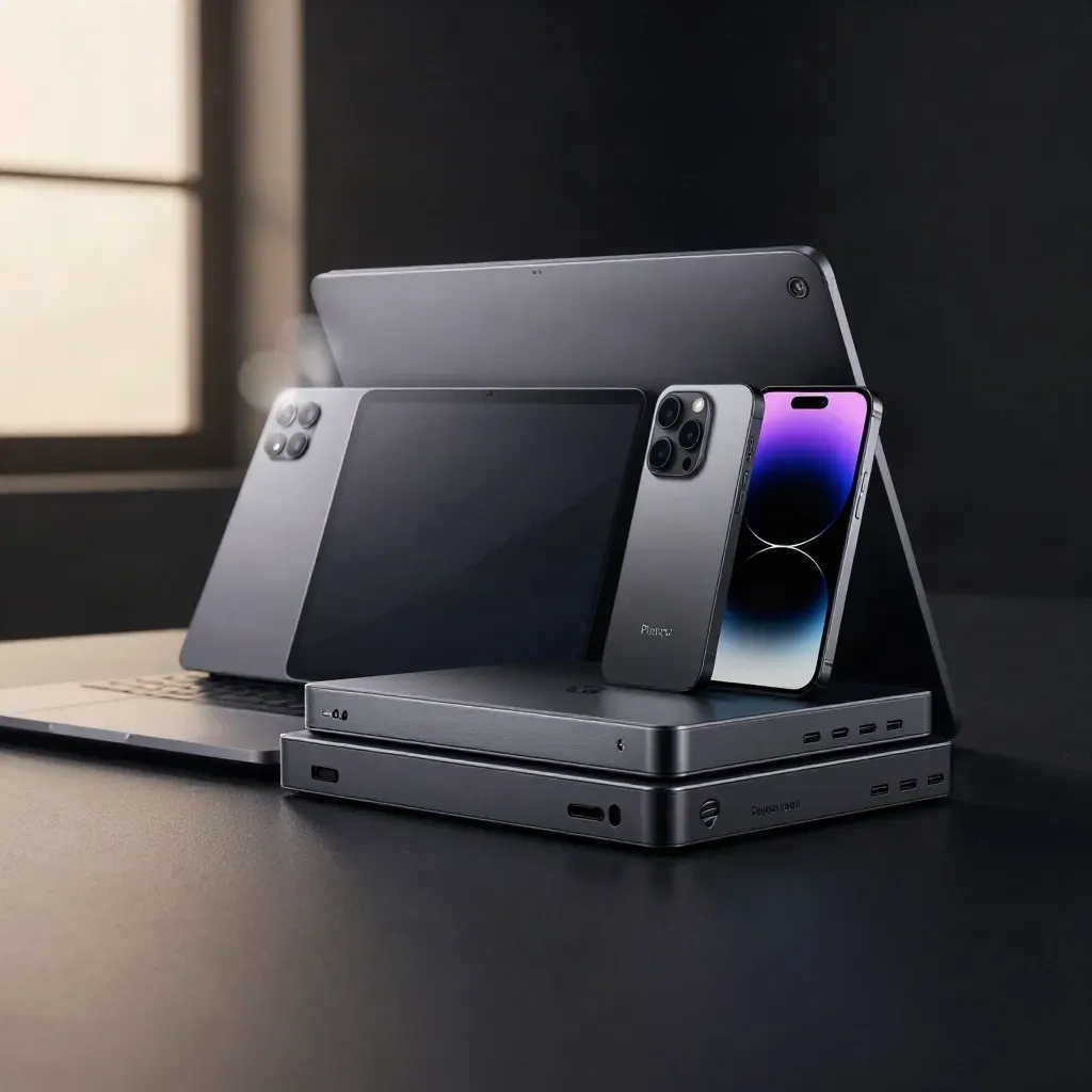 Open enterprise software bundle with laptop, tablet, phone, hub and expansion blocks on a dark studio surface.