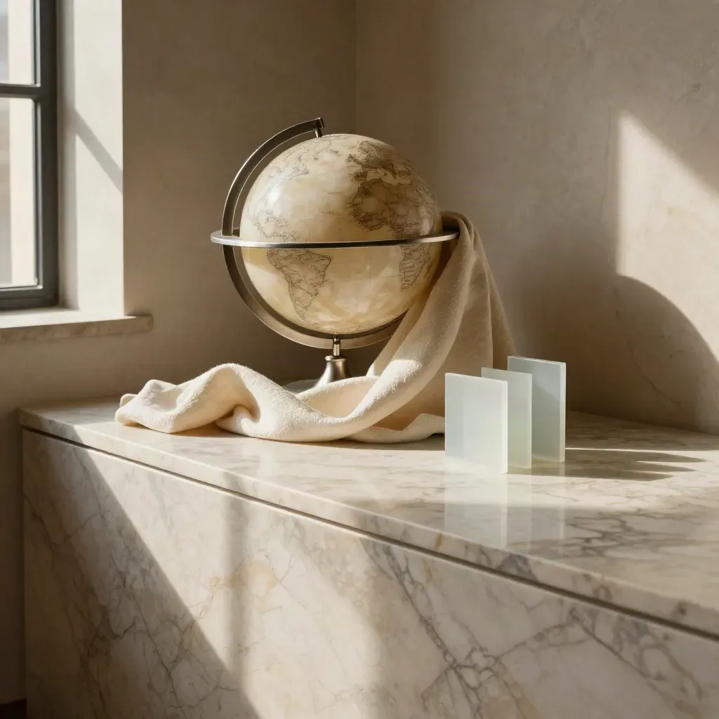 Marble gallery tableau with a globe sculpture, linen folds, and calm copy space