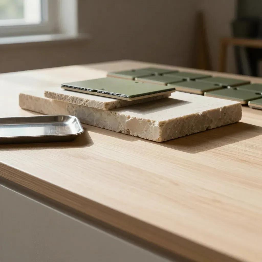 Pale oak surface with stone blocks and a brushed metal tray in soft morning light.
