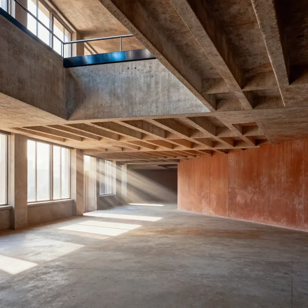 Sunlit concrete atrium walkway with repeating ribs and a calm open lower frame