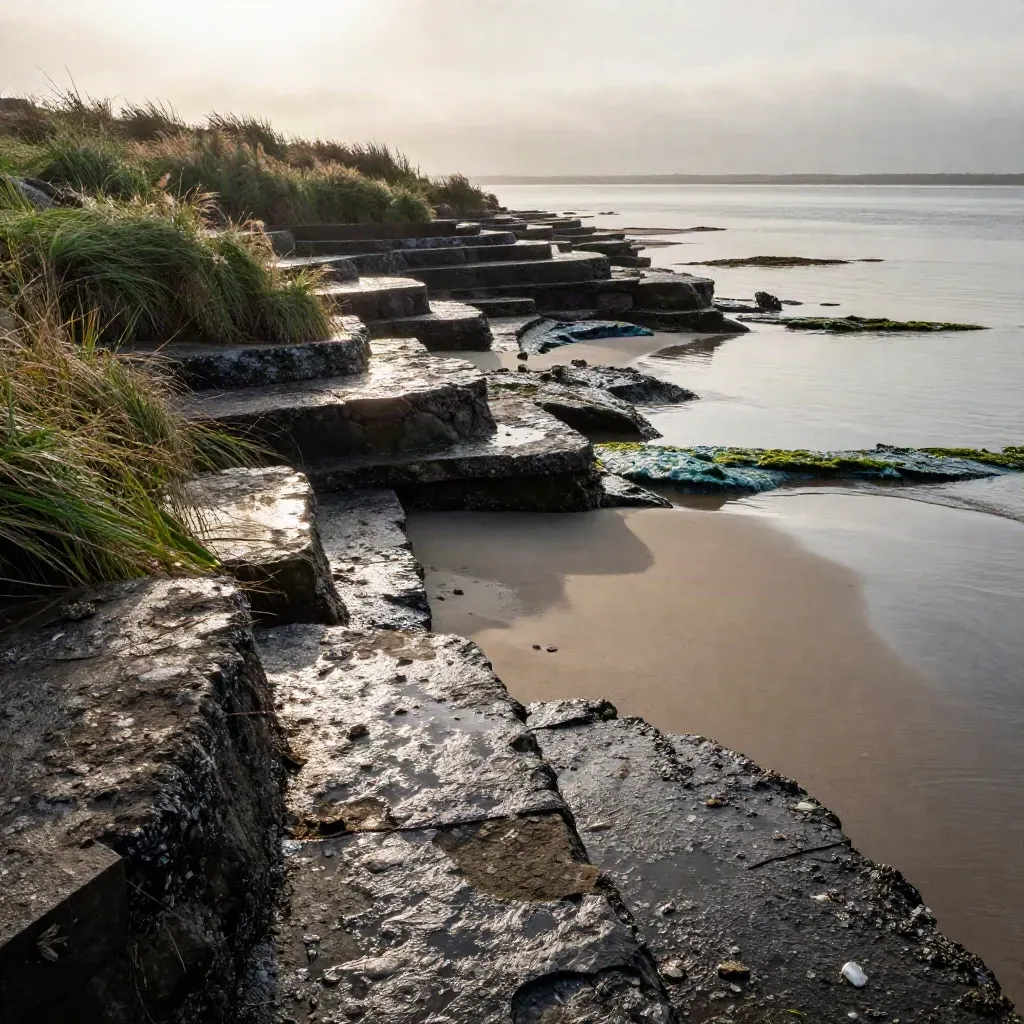 Wet terraced shoreline, reed tufts, misty water and calm open shallows under late-day light.