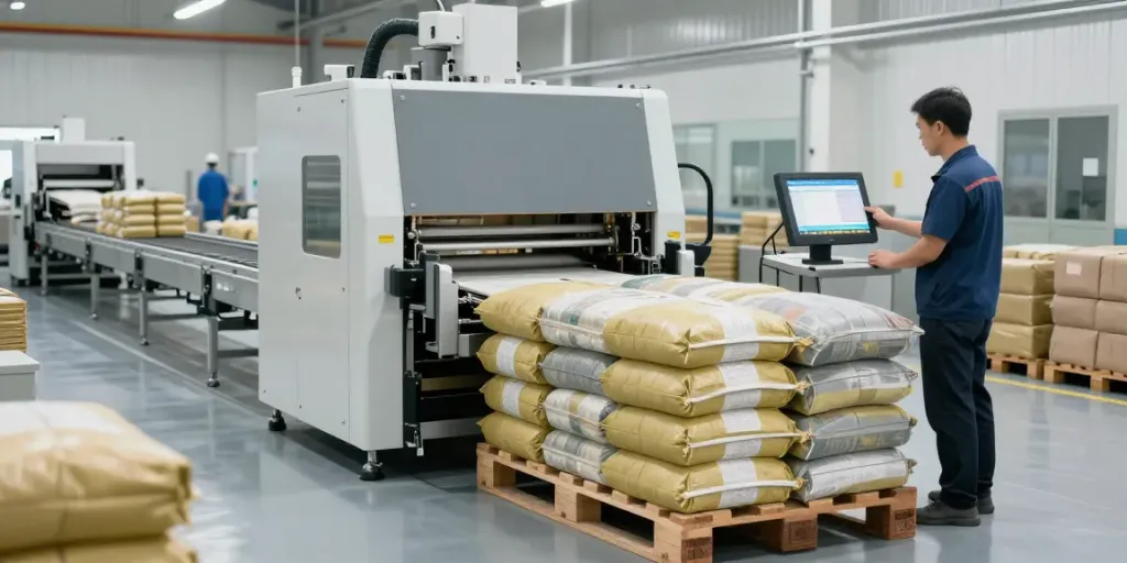 Efficient automatic bag palletizer machine stacking bags in a modern factory.