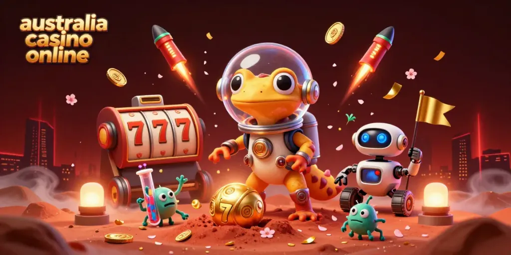 Engaging 3D scene of a Martian gecko at a golden casino, embodying australia casino online excitement.