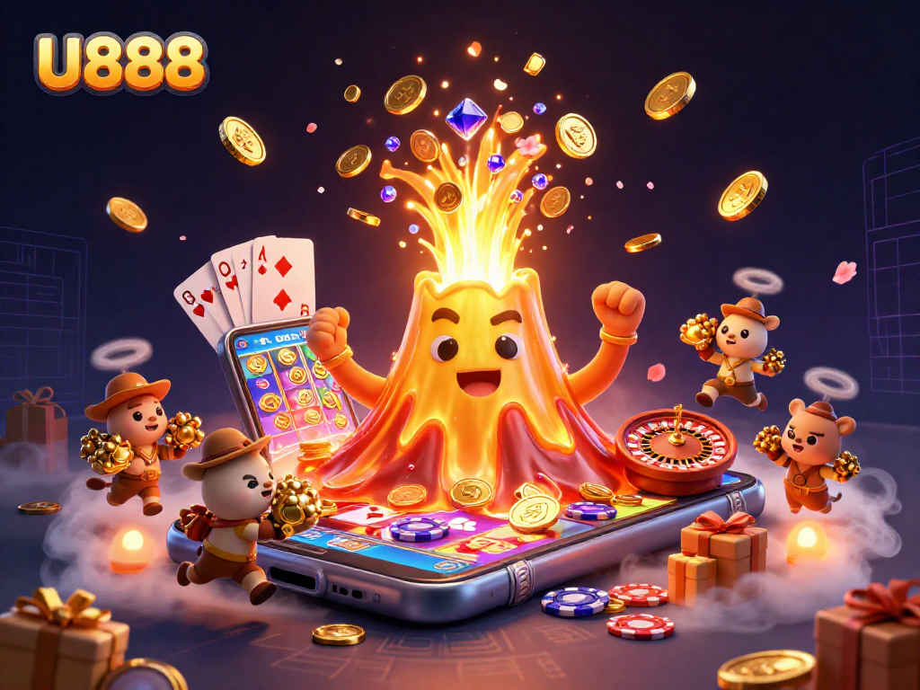 Experience U888's thrilling slots with golden eruptions and treasure-filled adventures in vibrant detail.