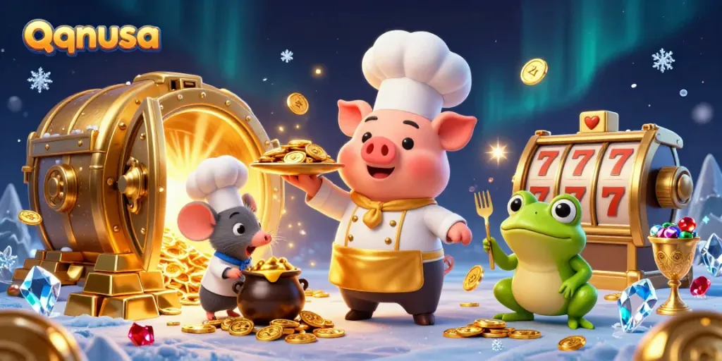 Engage with the enchanting world of qqnusa, where a chef pig serves gold coins amidst dazzling casino visuals.