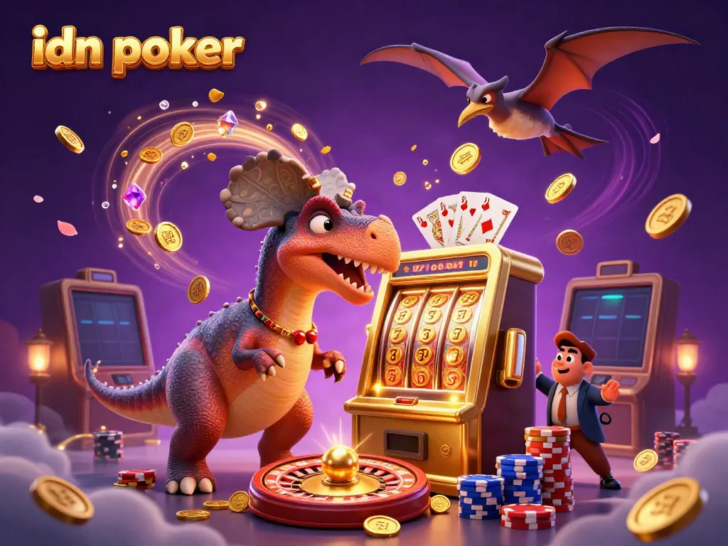 Permainan idn poker dengan slot mesin emas, dinosaurus dan koin keberuntungan yang terbang.