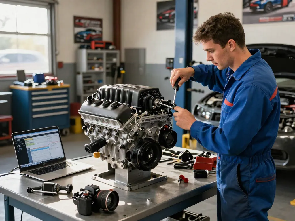 High-performance Hellcat motor for sale in an automotive workshop, mechanic inspecting engine.