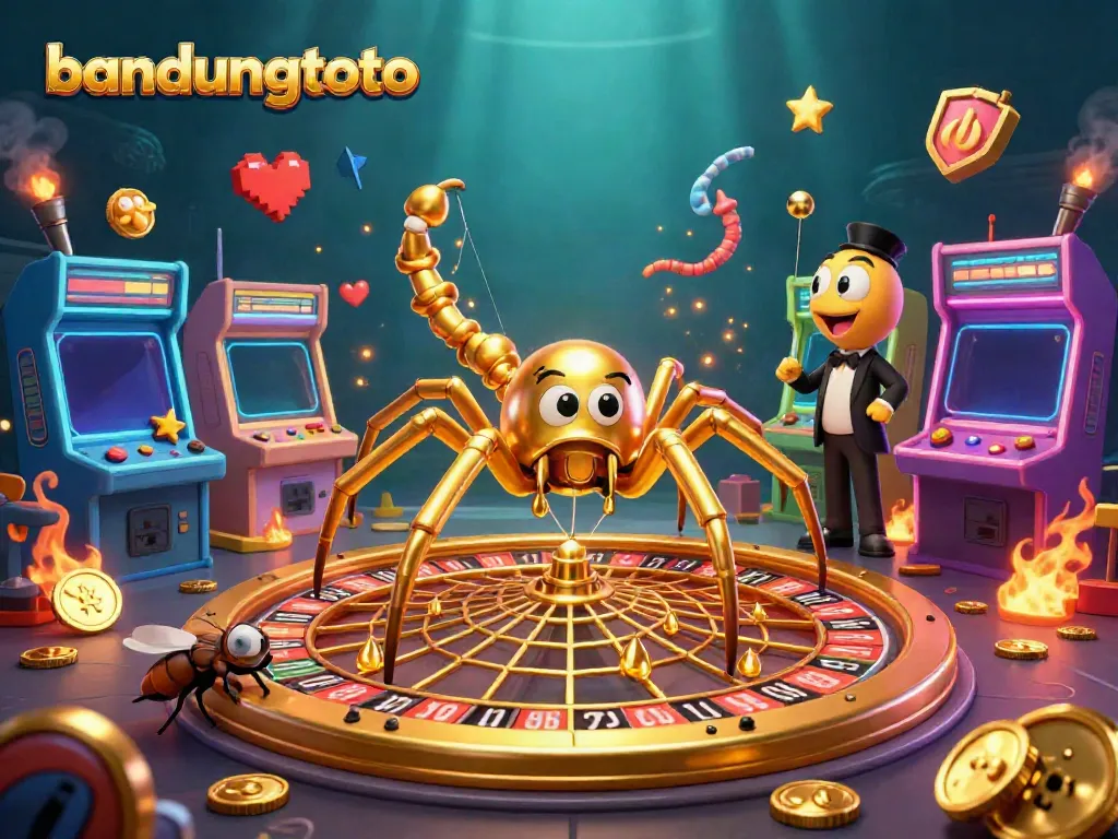 Experience the thrilling action with bandungtoto as a golden spider spins a roulette wheel web in this vibrant casino illustration.