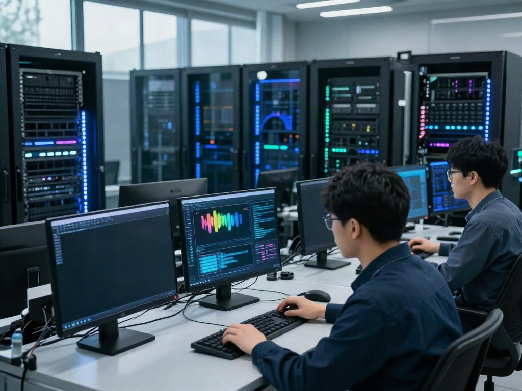AI data center with GPU clusters and technicians managing power resources