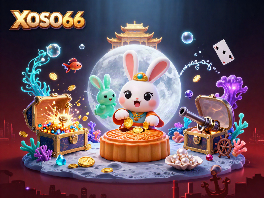 XOSO66's moon rabbit reveals poker chips in a vibrant, fantastical casino-themed scene.