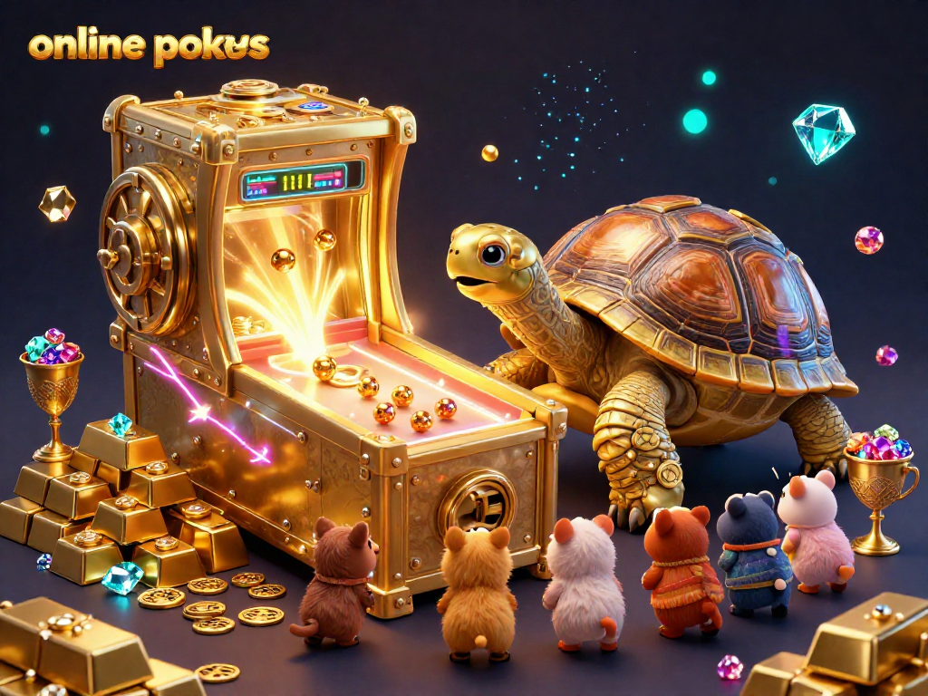 Experience thrilling online pokies excitement with a dynamic scene featuring a cartoon tortoise and treasure elements.