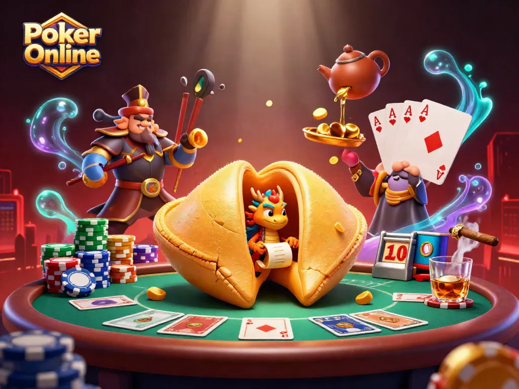Experience Poker Online action with a golden fortune cookie and chip towers in a vibrant casino setting.