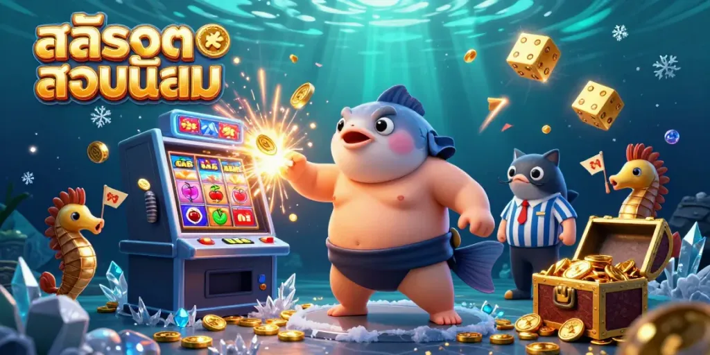 Experience the excitement of สล็อตยอดนิยม with a dynamic underwater casino scene featuring a lucky blowfish in action.