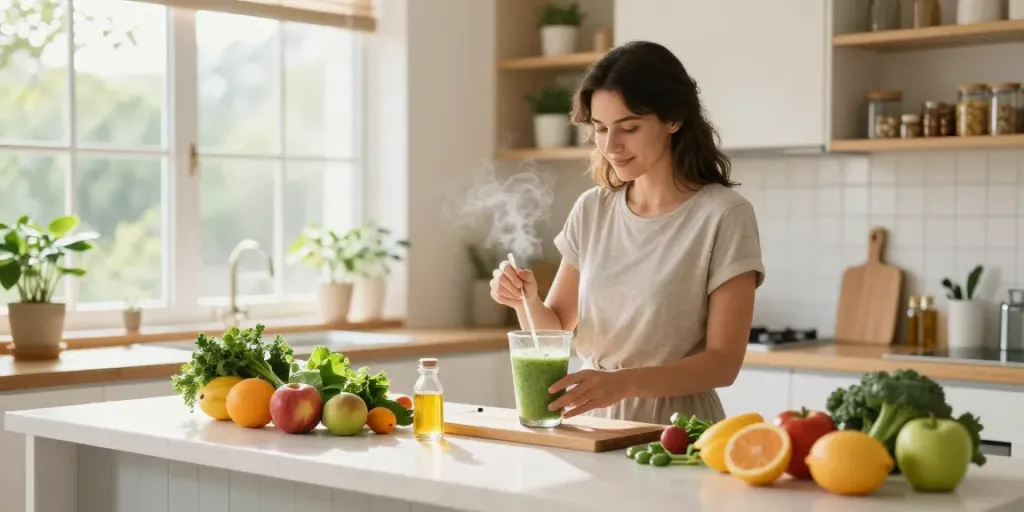 Explore cheap tobacco and cigarettes online with a natural wellness setting featuring CBD oil and organic ingredients in a bright kitchen.