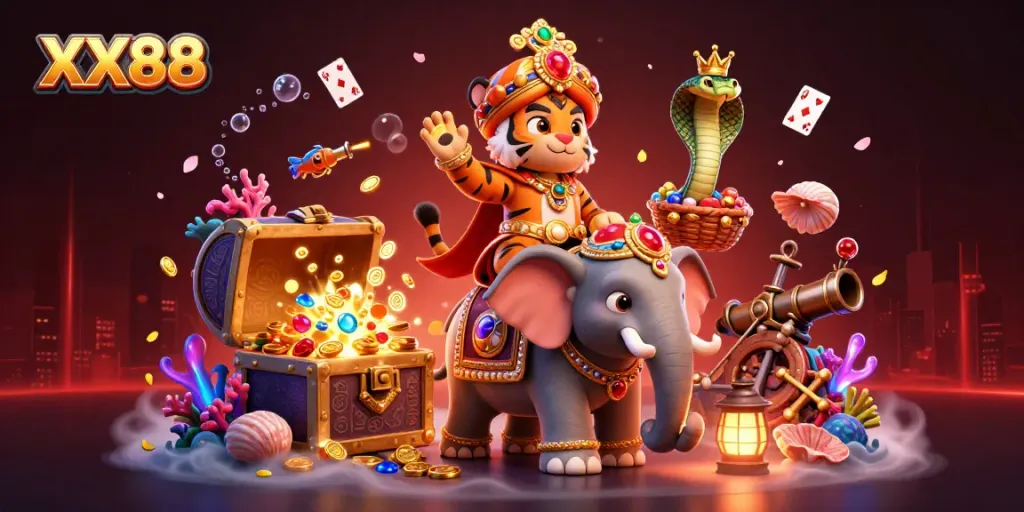 Experience the excitement of XX88 casino games with vibrant, dynamic visuals of winning elements.