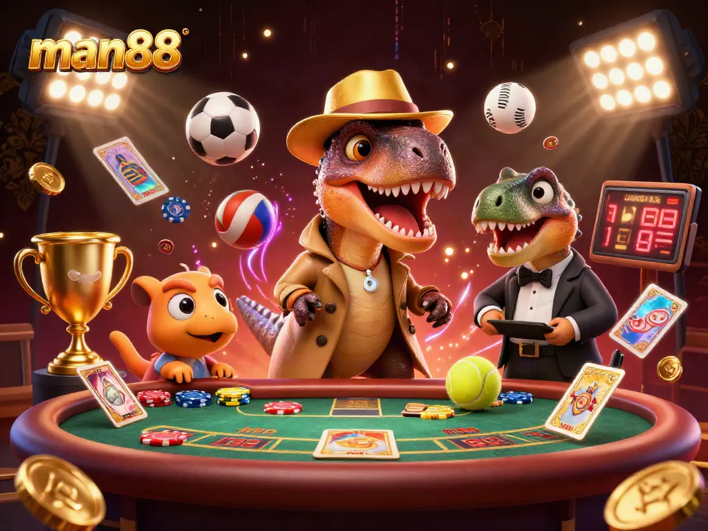 man88 velociraptor counters at blackjack with stegosaurus pit boss and compy pickpocket amid dynamic sports elements
