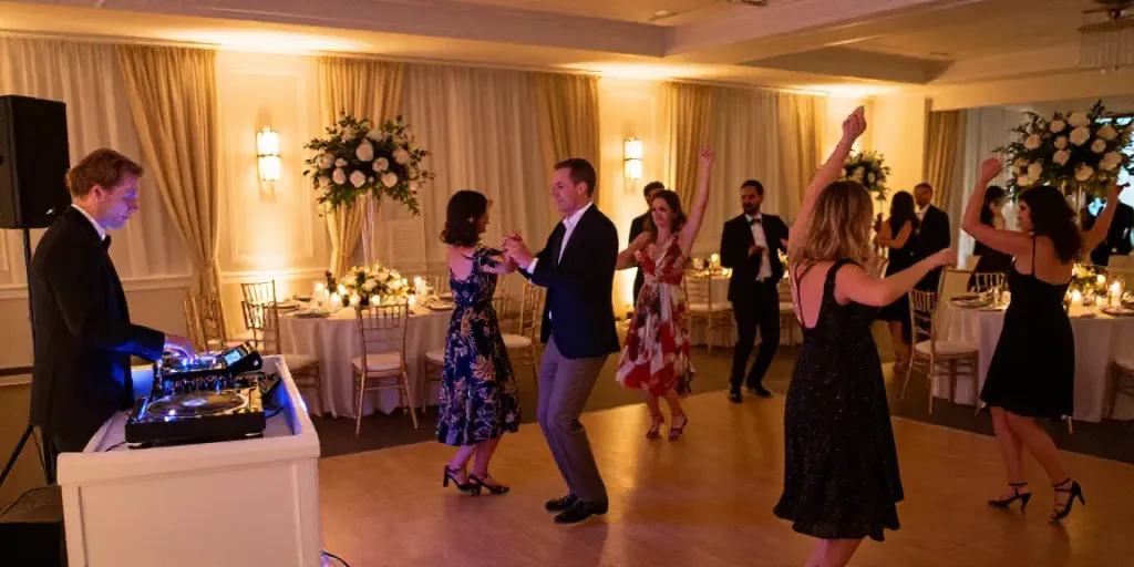 Dynamic wedding reception with a hochzeit DJ berlin brandenburg creating an energetic atmosphere for guests dancing joyfully.
