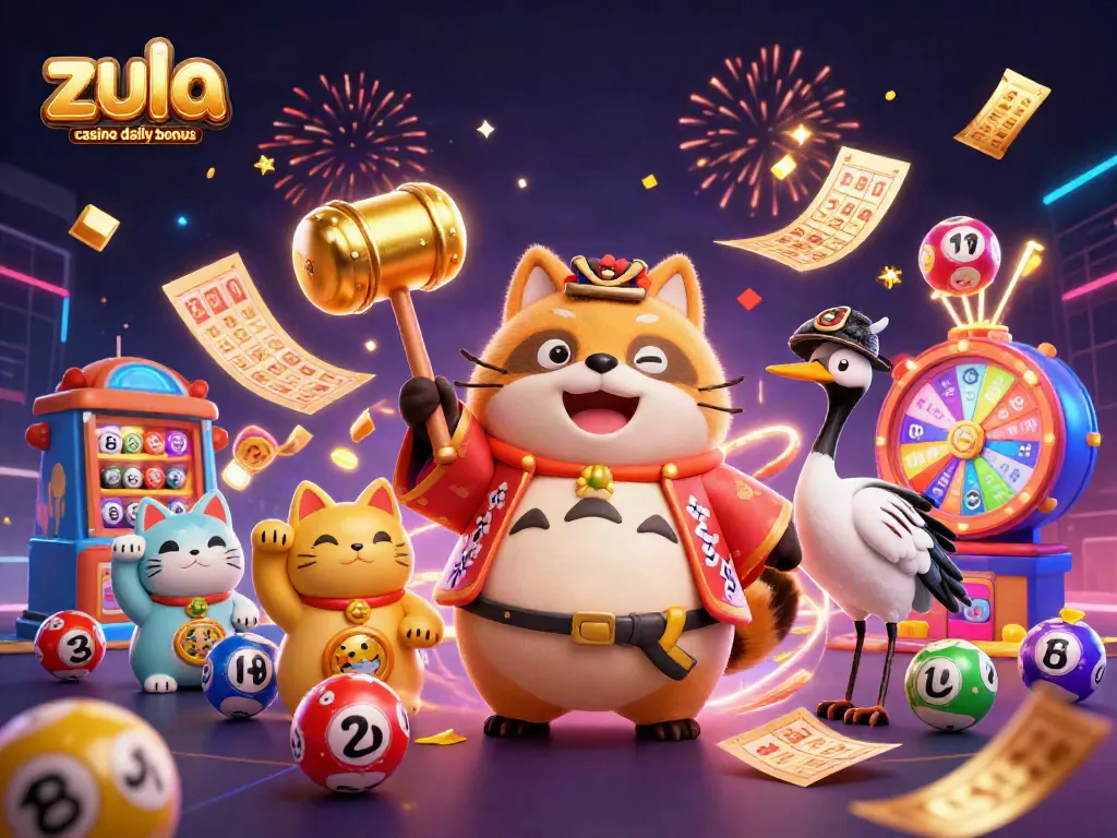 Zula casino daily bonus offers free coins with colorful, festive 3D casino characters celebrating in style.