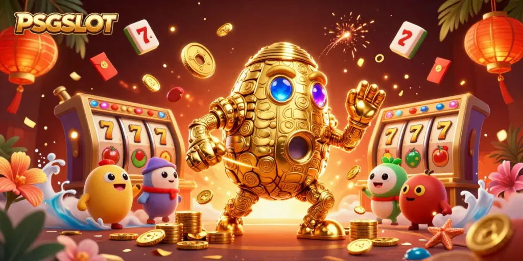 Experience thrilling jackpots with PSGSLOT as golden golems and vibrant slot elements come alive!