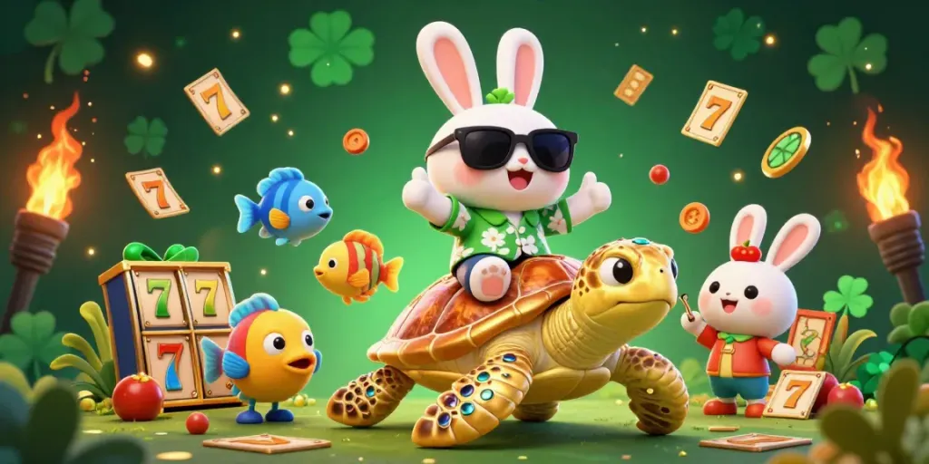 Experience thrilling gameplay at bosjoko with a lucky rabbit and golden turtle celebrating wins.