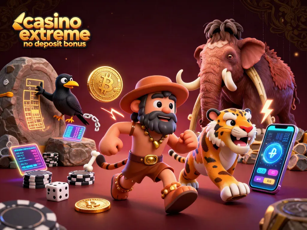 Claim casino extreme no deposit bonus with a colorful prehistoric casino scene filled with crypto elements.