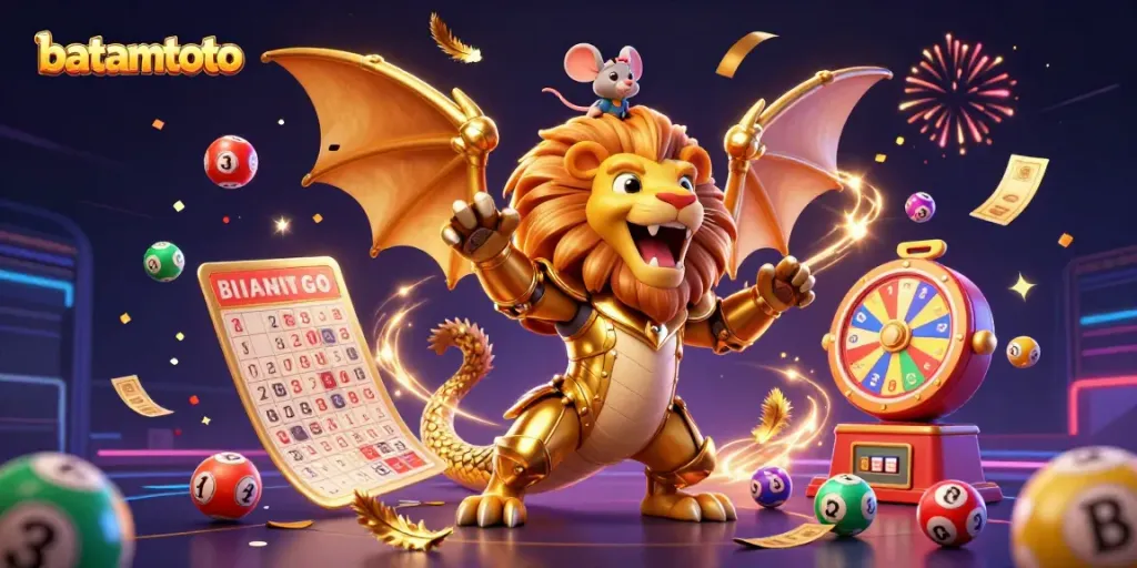 Experience thrilling moments at batamtoto with a golden armored chimera and dynamic lottery elements.