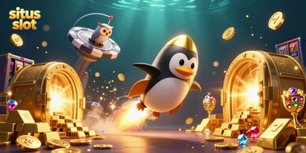 Exciting situs slot adventure with a golden penguin launching to a casino space station.