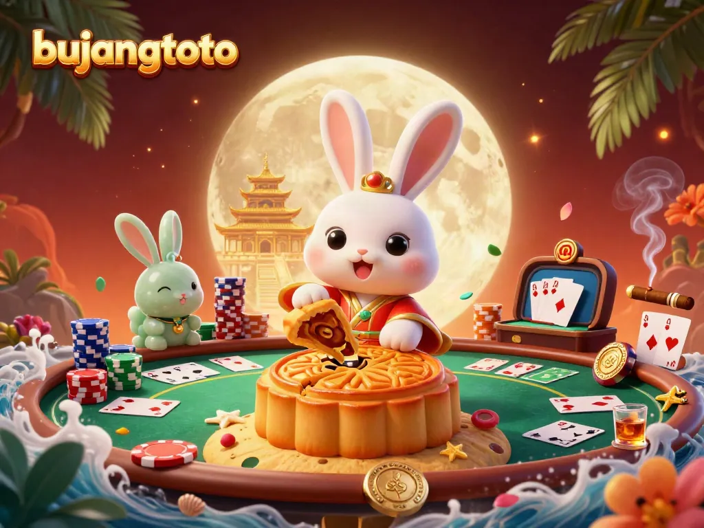Bujangtoto features a moon rabbit and jade companion in a dynamic gambling scene, showcasing vibrant casino elements.