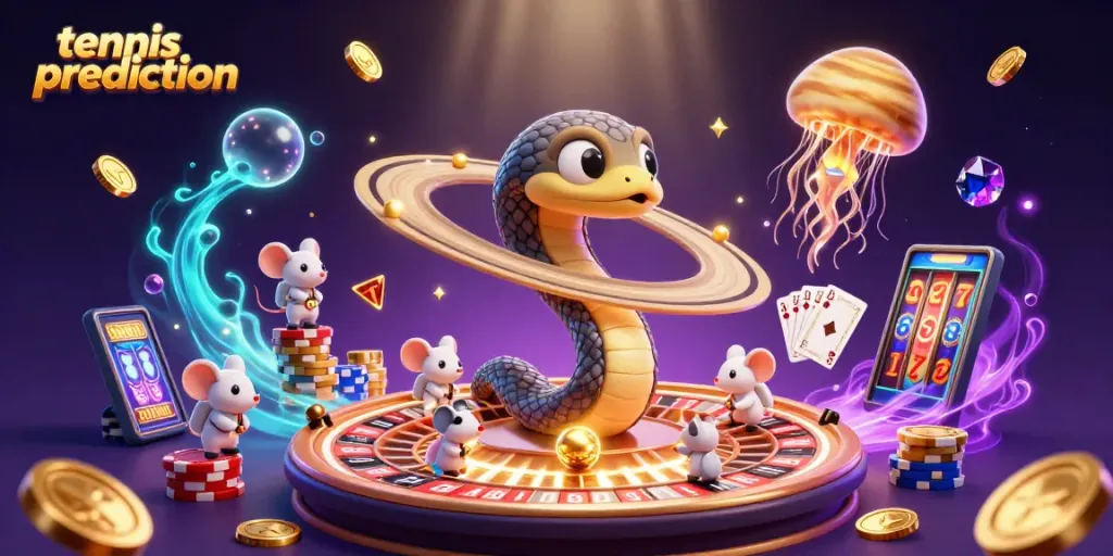 Dynamic illustration of tennis prediction concept with cosmic characters, roulette, and betting elements.