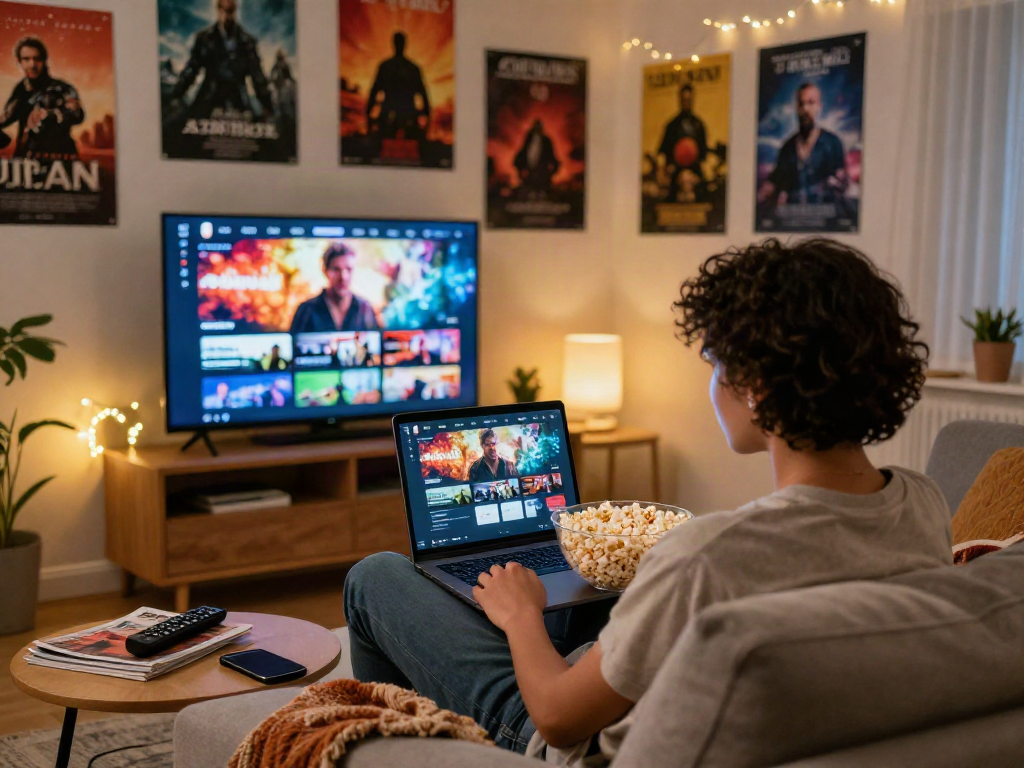Person enjoying Filmyzilla streaming on cozy sofa with movies posters.