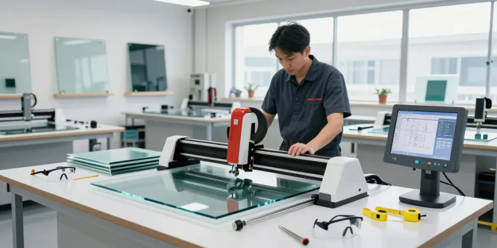 Expert technician operating a glass cutting machine manufacturer in a well-equipped workshop.