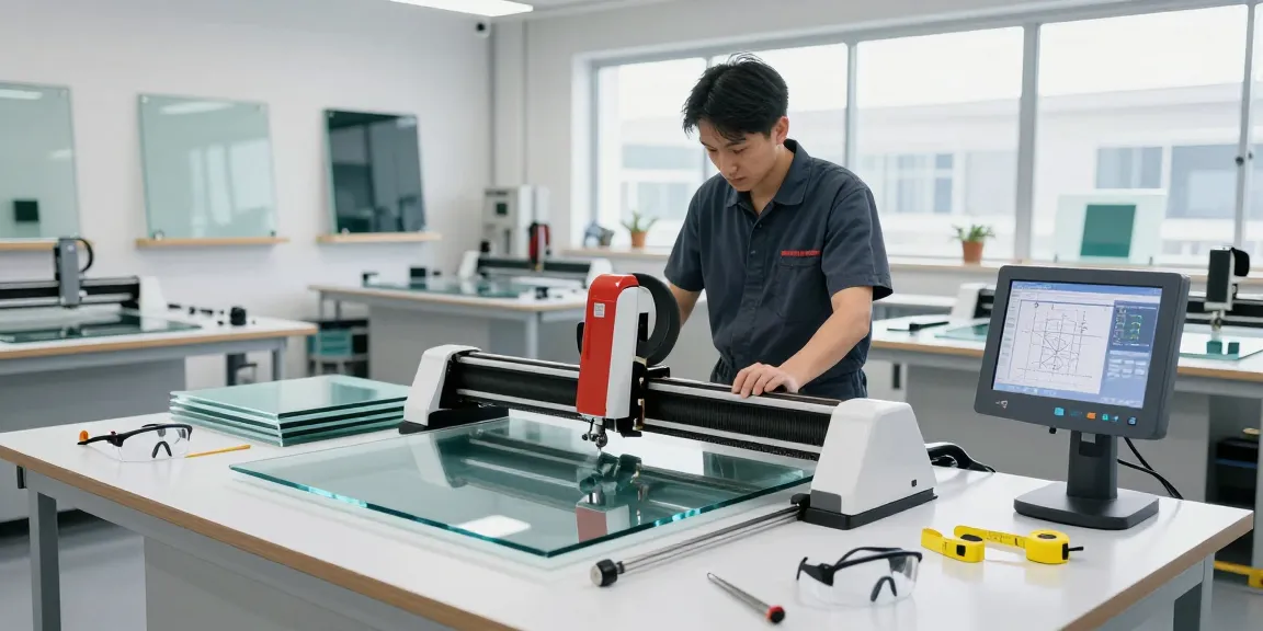 Expert technician operating a glass cutting machine manufacturer in a well-equipped workshop.
